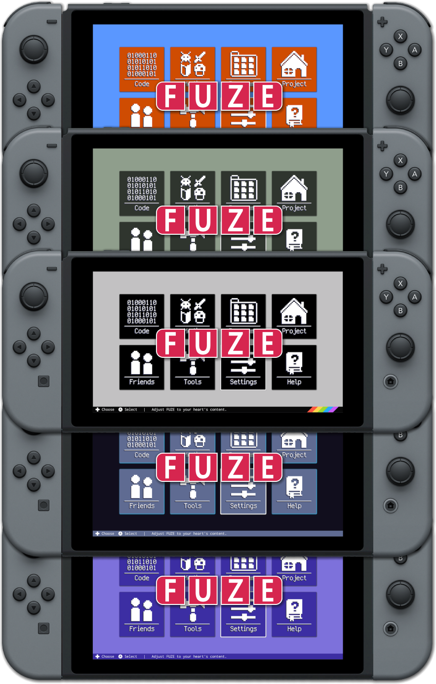 The FUZE4 Nintendo Switch home menu in a selection of themes