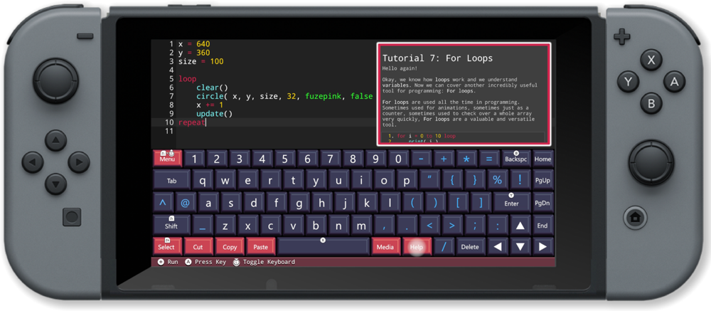 A screenshot of the code editor with onscreen keyboard and help open